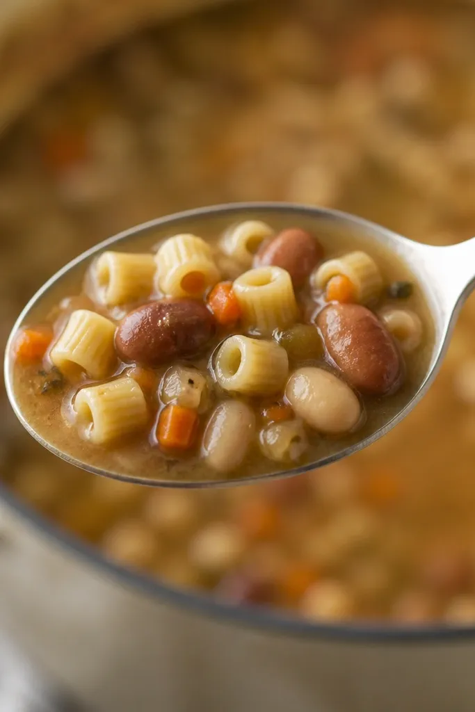 A spoon showing a few ditalini pieces and beans in thick broth. The pasta looks intact and slightly firm, not swollen. Background is softly blurred with the pot.