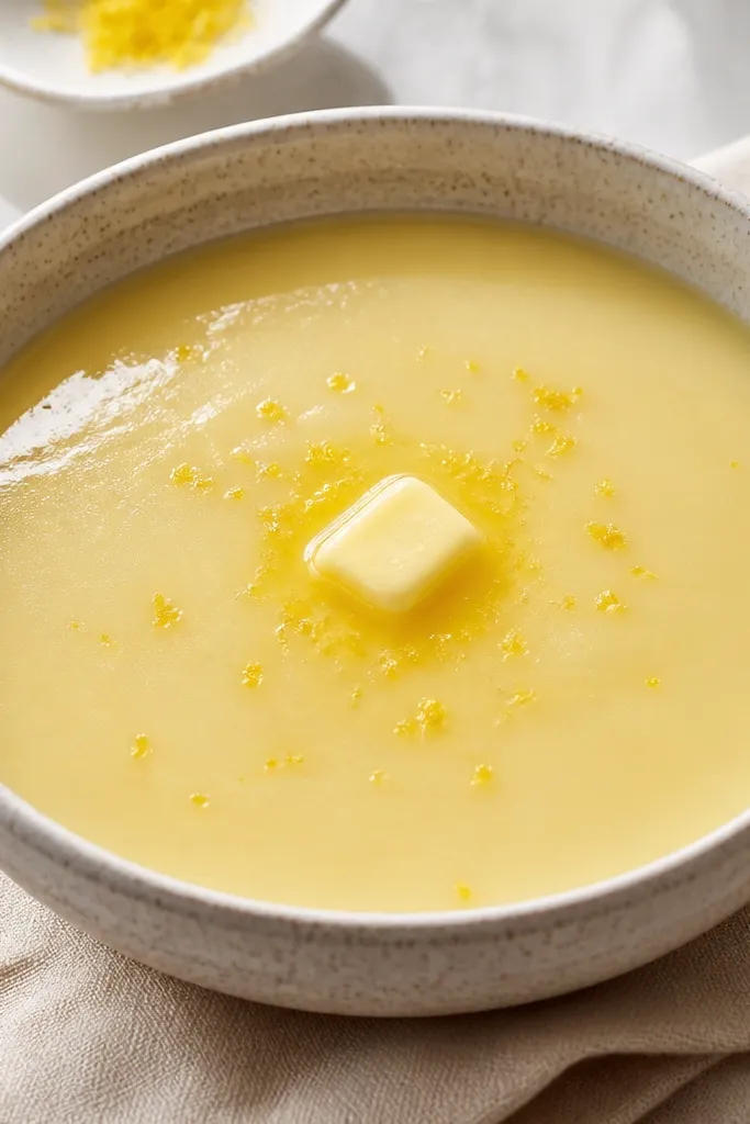 A bowl with a small knob of butter melting at the center, with a few lemon zest flecks and a tiny squeeze of lemon. The soup surface has a glossy highlight.