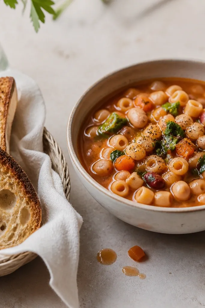 A small basket or plate with crusty bread slices or a toasted baguette next to a bowl of pasta fagioli. The bread has browned edges and a rough crumb, with a few drops of soup on the plate.