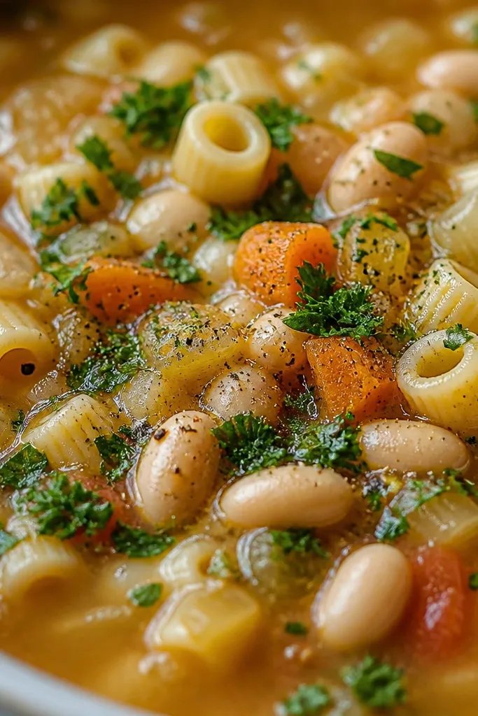 Close-up of soup topped with chopped parsley and a light sprinkle of black pepper. The herbs sit on top of beans and pasta, creating green specks.