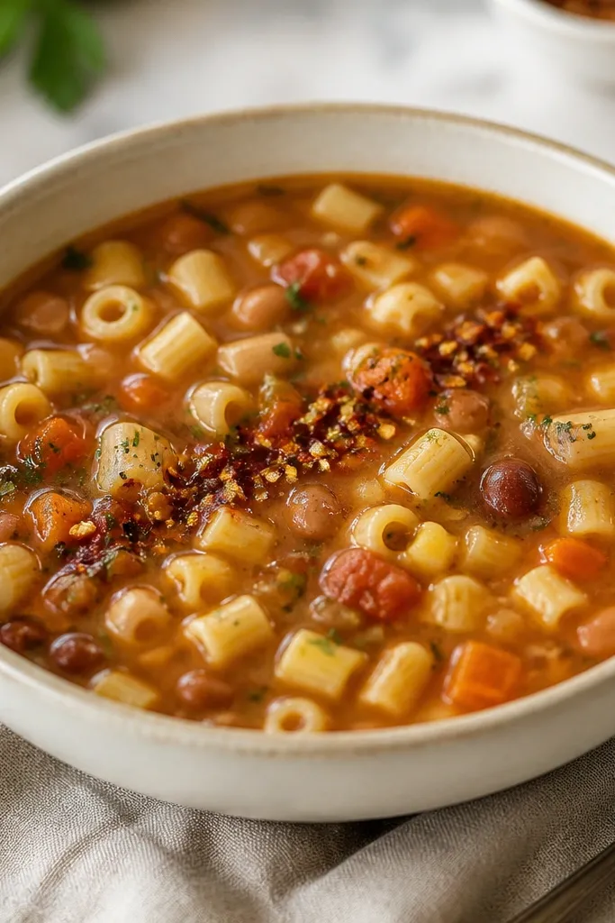 A bowl of pasta fagioli with a few chili flakes scattered in a line across the top. The soup surface shows small red flecks and a glossy sheen.