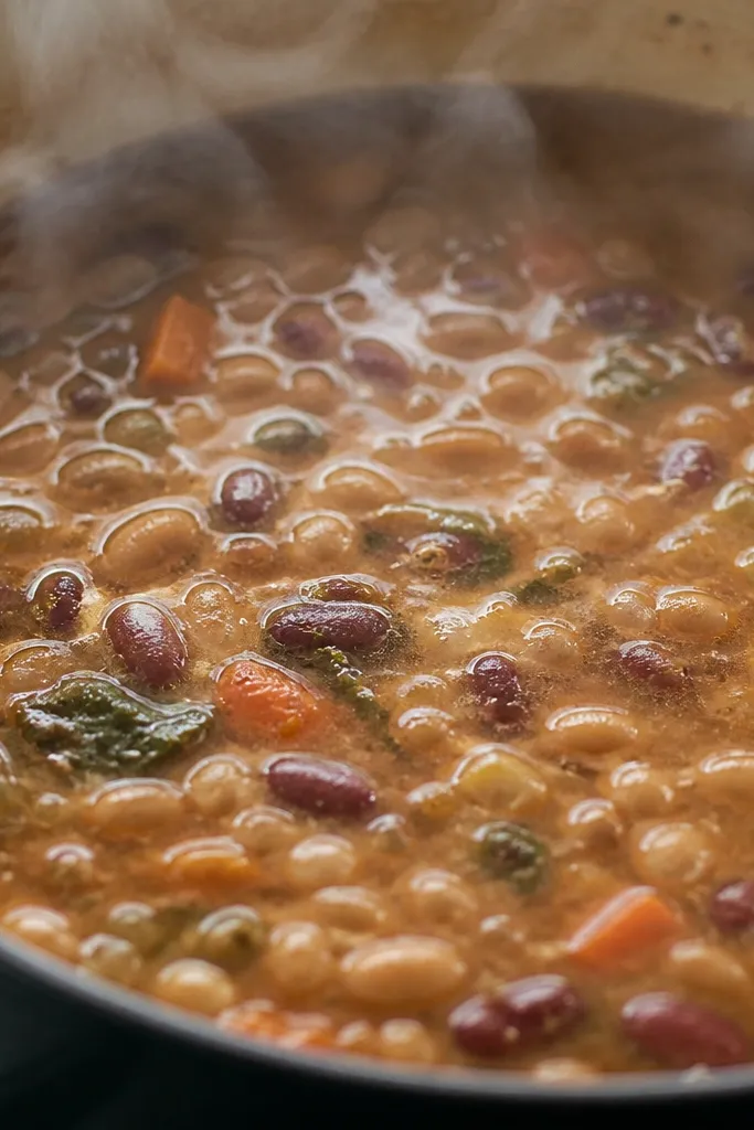 A camera angle looking into the pot, with steam rising and the rim of the pot in frame. The soup is at a gentle simmer with small bubbles, beans visible throughout.