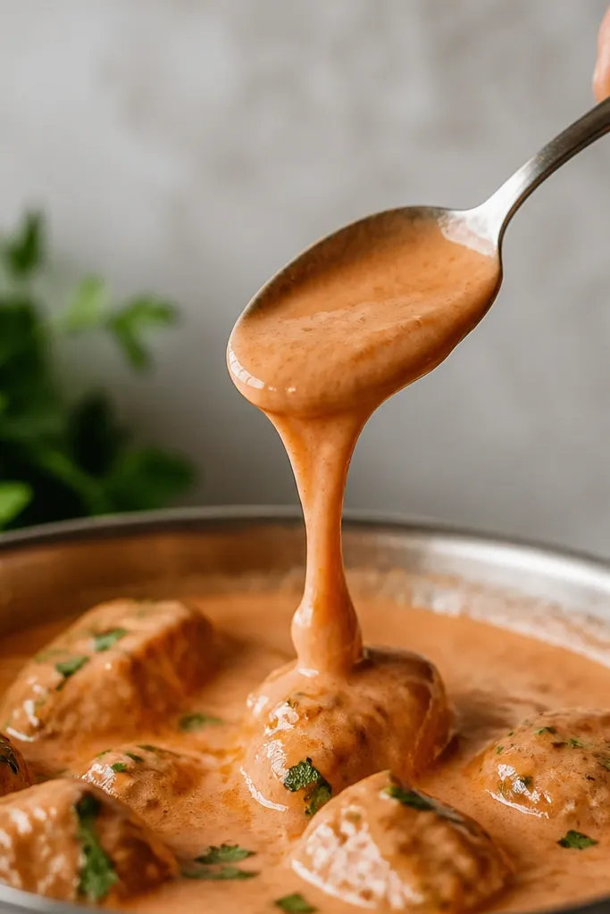 A stainless spoon held above the skillet with a thick, glossy pink-orange sauce clinging in a smooth sheet before slowly sliding.