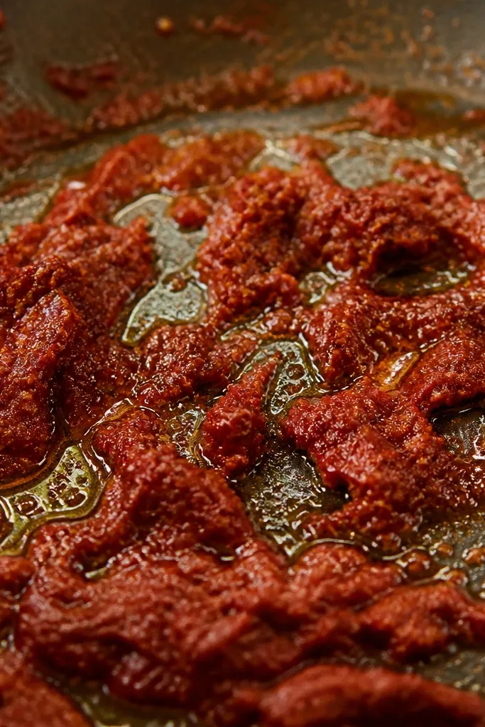 A close-up of tomato paste sizzling in oil, turning from bright red to a deeper brick color with tiny bits stuck to the pan.