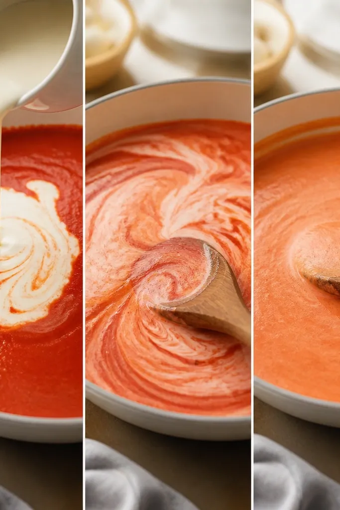 A pan shot where pale cream is poured into pink tomato sauce, creating marbled swirls that turn uniform after stirring.