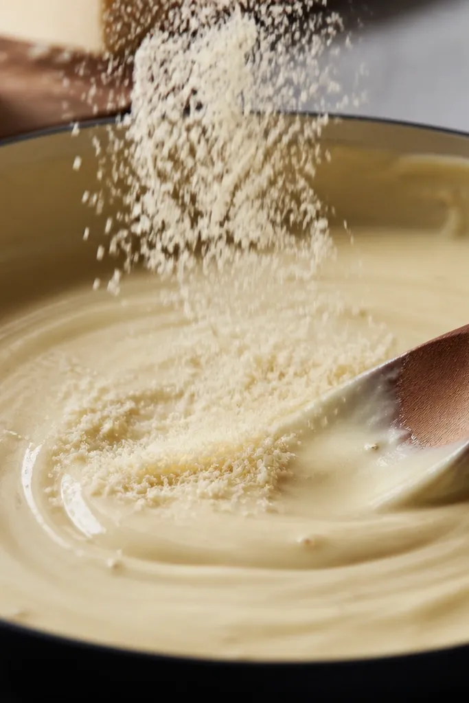 A close-up of grated Parmesan sprinkled into off-heat sauce, melting into a smooth glossy layer with no grainy specks.