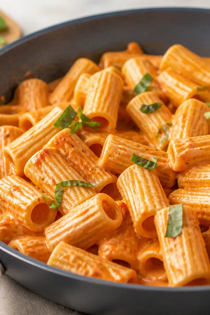 Rigatoni in the skillet coated in pink-orange cream sauce, with sauce pooling lightly at the bottom but sticking to ridges.