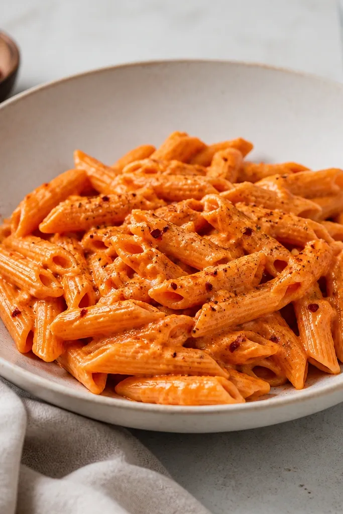 A plated bowl of vodka-style pasta with visible black pepper specks and a few red pepper flakes on top.