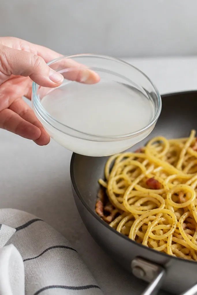 A small glass bowl with cloudy starchy pasta water next to a skillet, ready to be poured.