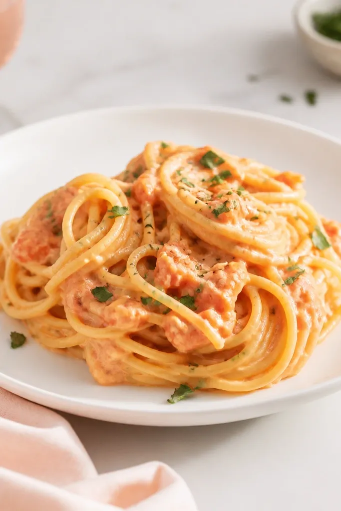 Pasta plated on a white dinner plate with a clean pink-orange sauce color and a few strands of spaghetti visible.