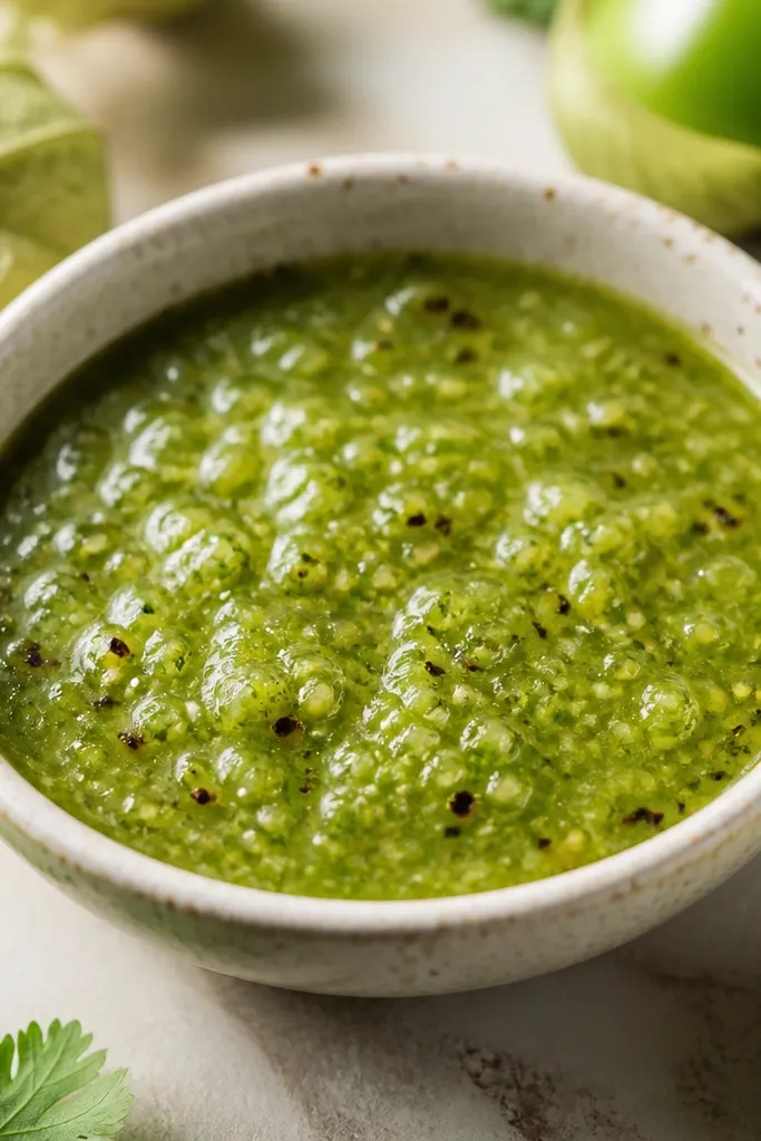 A small bowl of salsa verde with vivid medium-green color, visible charred flecks on tomatillo pieces, and a glossy surface with tiny bubbles from blending.