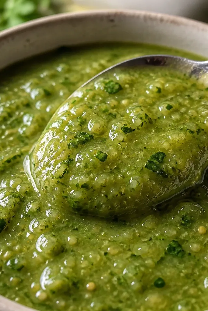 Close-up of salsa verde where chopped cilantro and green herb flecks float throughout, with a slightly thicker consistency that holds peaks when spooned.