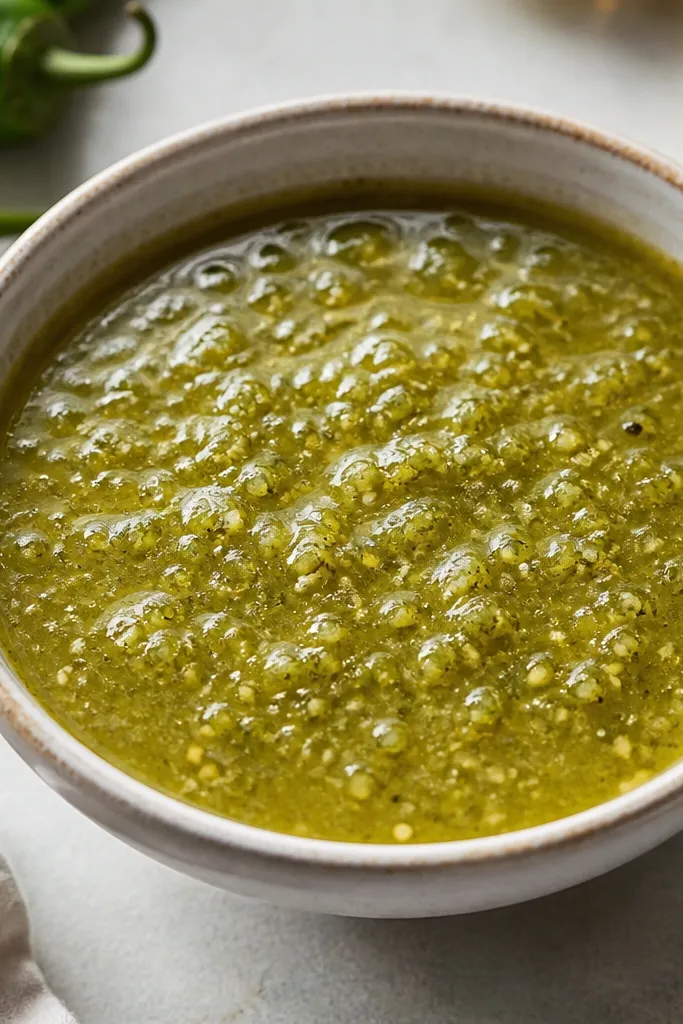 Salsa verde with tiny dark specks and a slight yellow-green tint near the surface, suggesting char on the jalapeño and roasted onion.