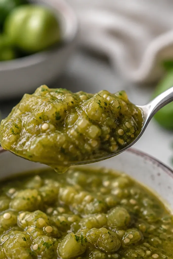 A spoonful of salsa verde that sits up on the spoon, with chunky tomatillo bits and a thick, spoonable body.
