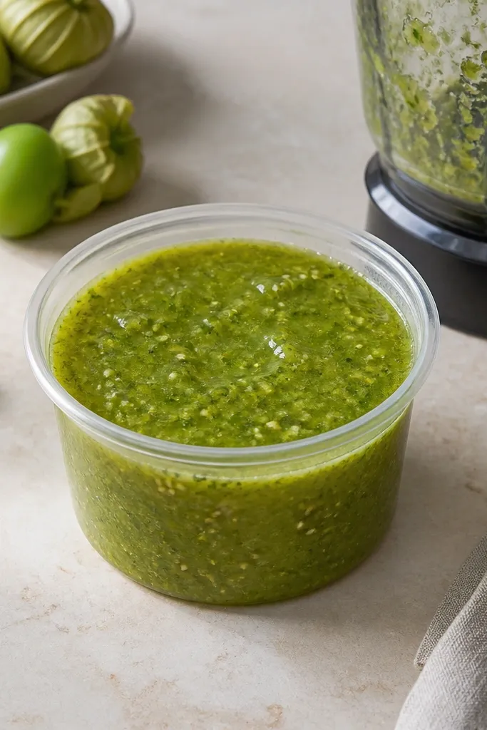 A compact salsa verde container with small, evenly roasted tomatillos visible in the blender jar remnants, and a bright green finished color.