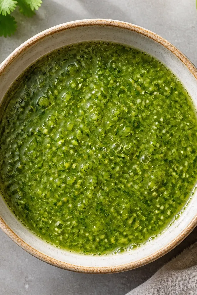 Salsa verde with a fresh, bright green sheen and tiny bubbles around the edges of the bowl after stirring in lime.