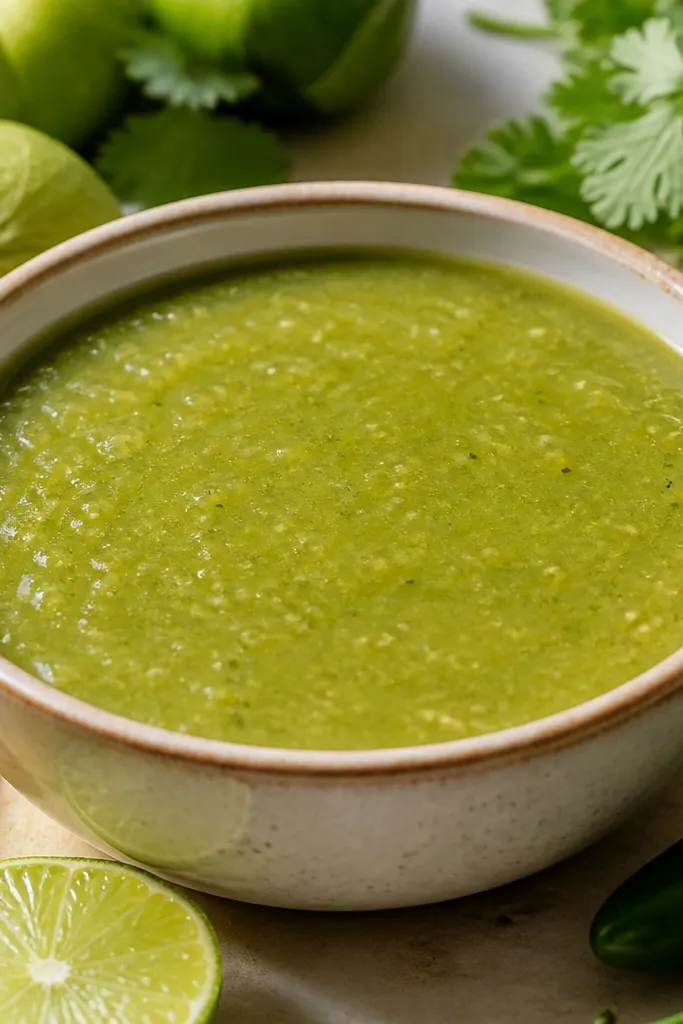 A bowl of salsa verde where the onion flavor looks smooth, shown by a uniform green body with no raw white onion bits.