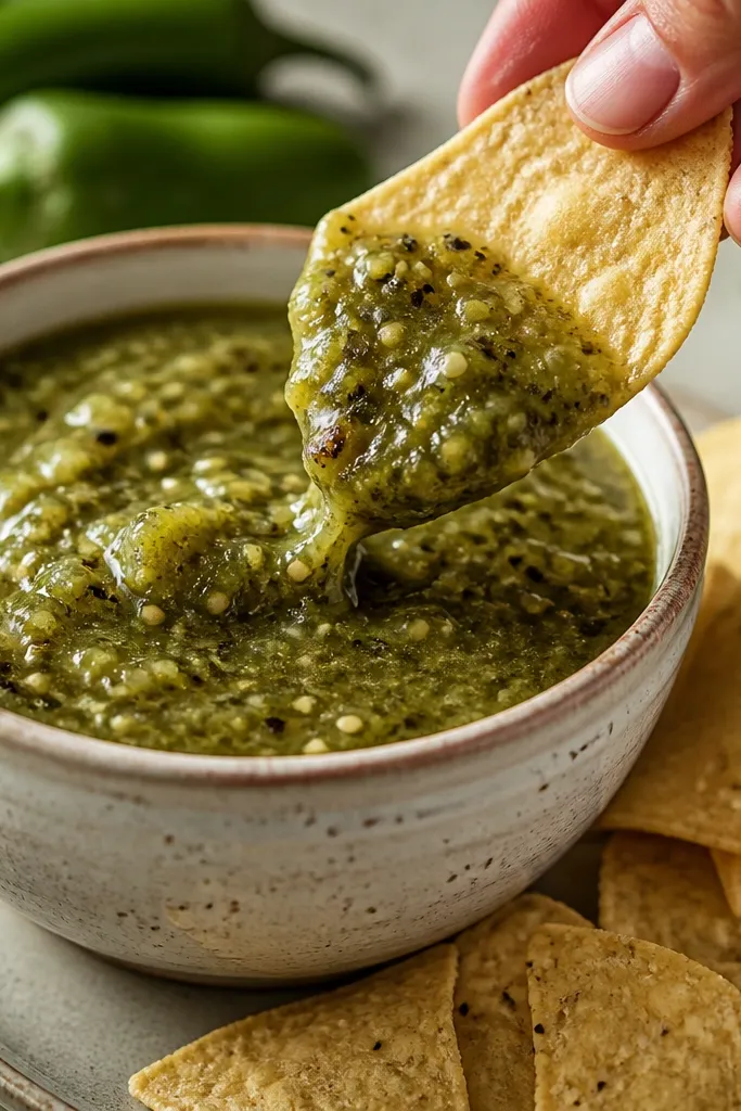 Salsa verde with deeper green tones and darker roasted flecks, with a slightly thicker consistency that clings to chips.