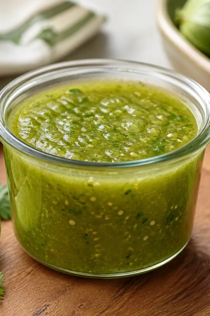 Salsa verde made from jarred tomatillos, with bright green color and visible flecks, in a clear container showing sauce thickness.