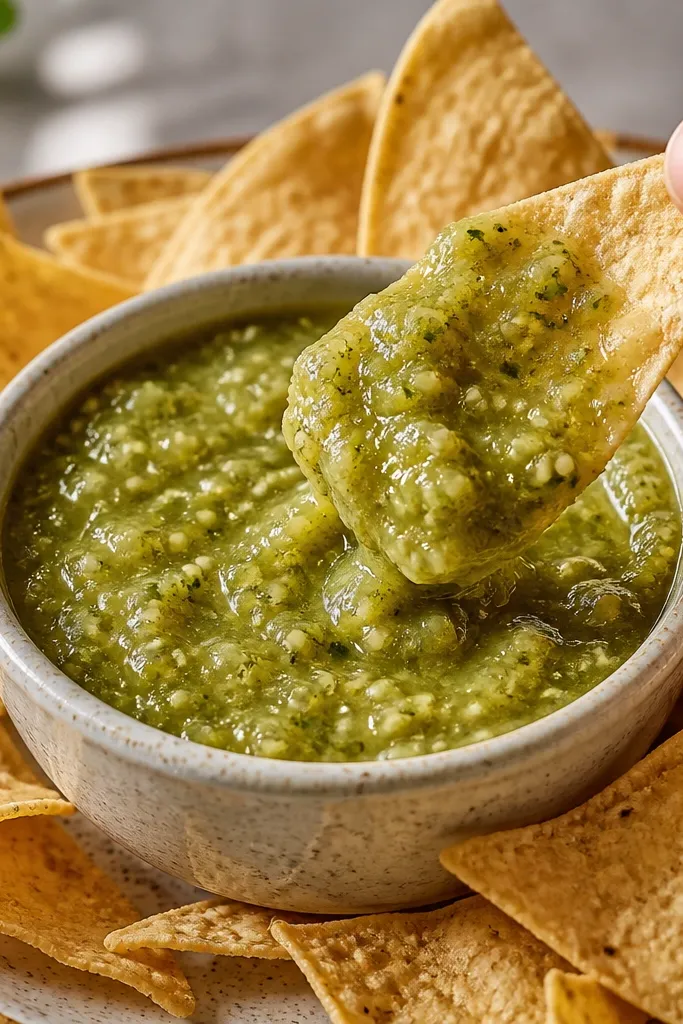 A small ceramic bowl with salsa verde and tortilla chips arranged around it, showing how the salsa clings and holds its shape.