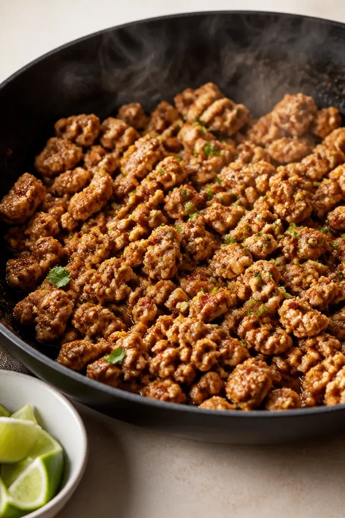 A black skillet with browned ground chicken speckled with red chili powder, glossy sauce clinging to crumbles, steam rising, and a small bowl of lime wedges beside it.
