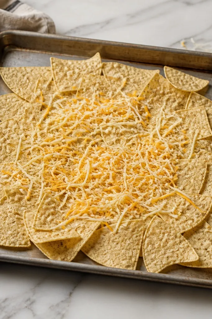 A sheet pan covered in tortilla chips arranged in overlapping rows, with a few chips left intentionally uncovered around the edges, and a light dusting of shredded cheese at center only.