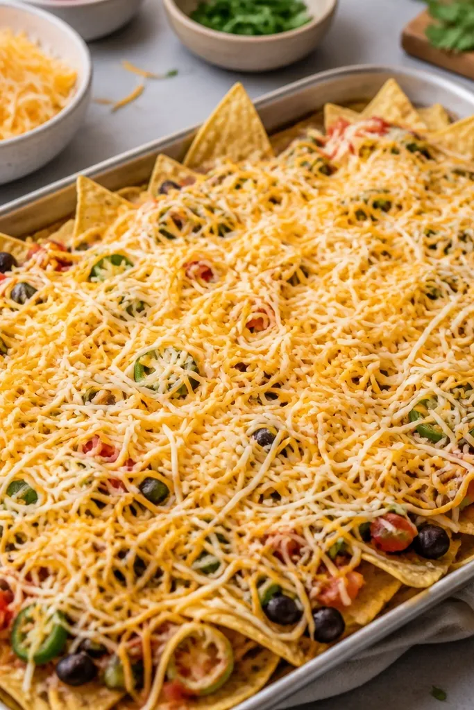 A bowl of shredded cheese blend with pale yellow cheddar mixed with white mozzarella, sprinkled over nachos in a thick even layer.