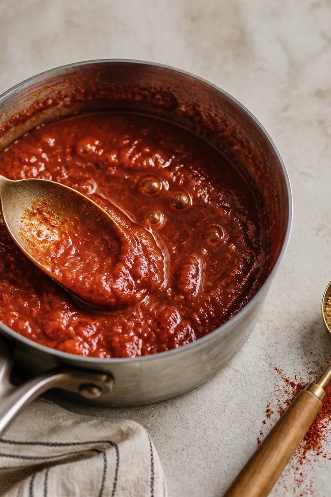 A small saucepan with thickened red salsa bubbling slowly, darker edges, and a spoon showing coating thickness; next to it, a measuring spoon of chili powder and cumin.