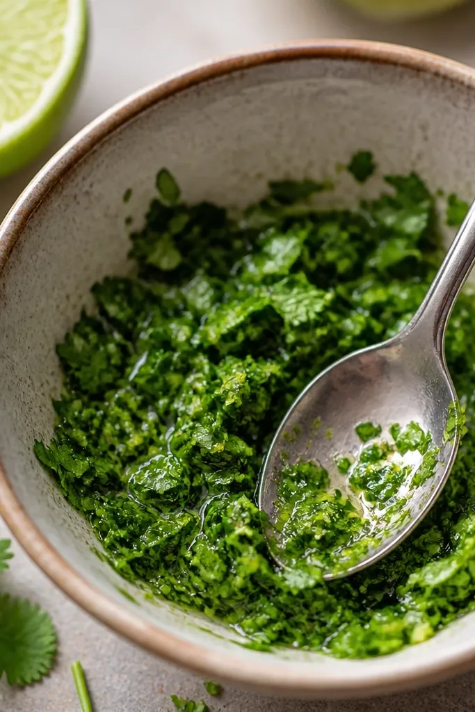 A small bowl of chopped cilantro and lime zest with a squeeze of lime juice, bright green flecks visible against a stainless spoon.