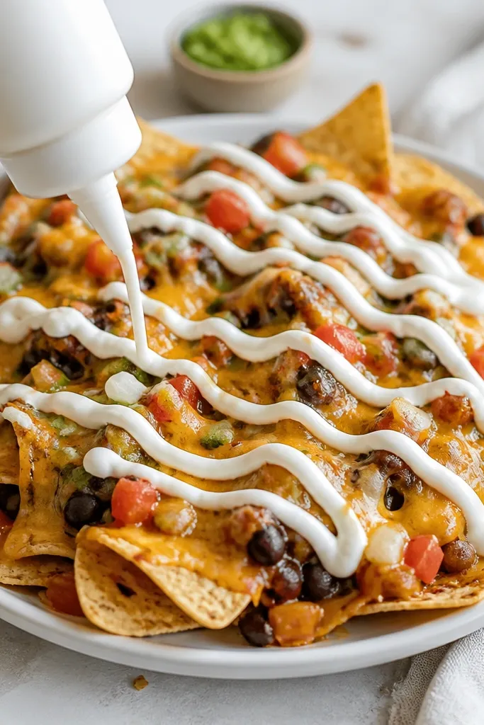 A squeeze bottle or spoon dollops of sour cream on hot nachos, swirled into thin lines across the melted cheese surface.