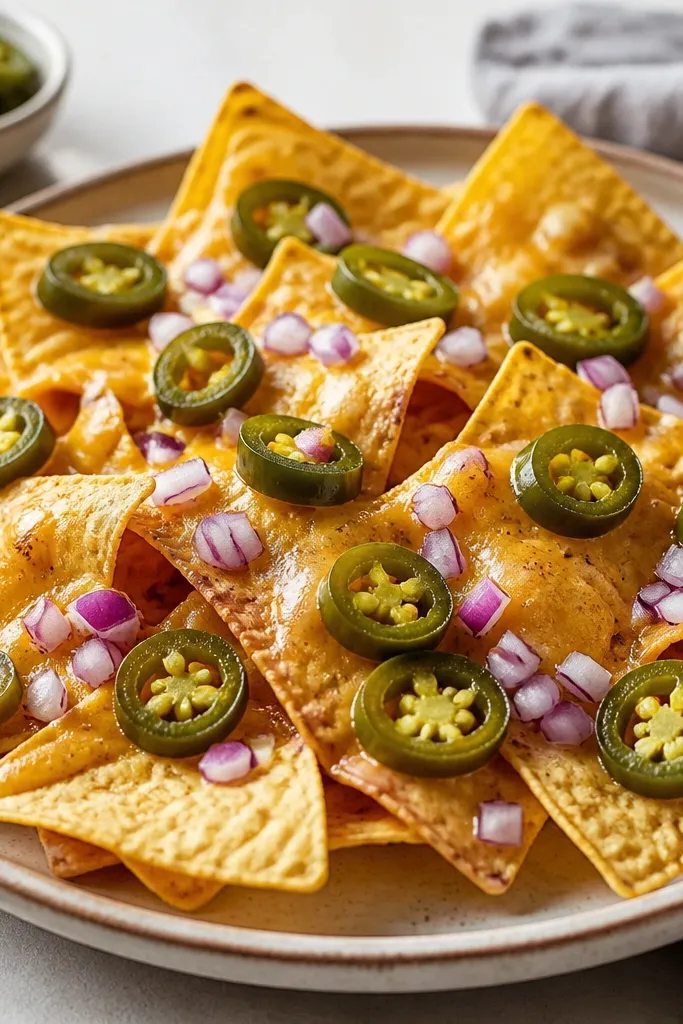 Nachos topped with small sliced jalapeños with a glossy sheen, plus a few diced red onion pieces scattered on top.