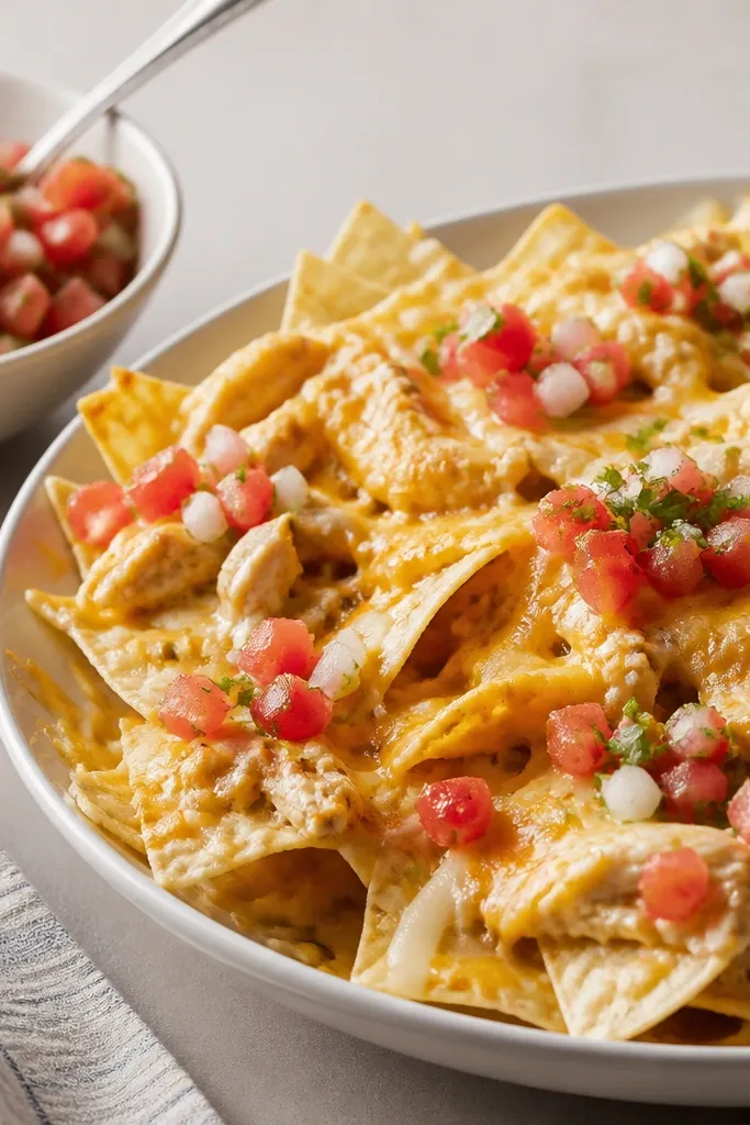 A bowl of pico de gallo with diced tomatoes, white onion, and chopped cilantro; the nachos have baked cheese and chicken, then fresh pico is spooned on in small piles.