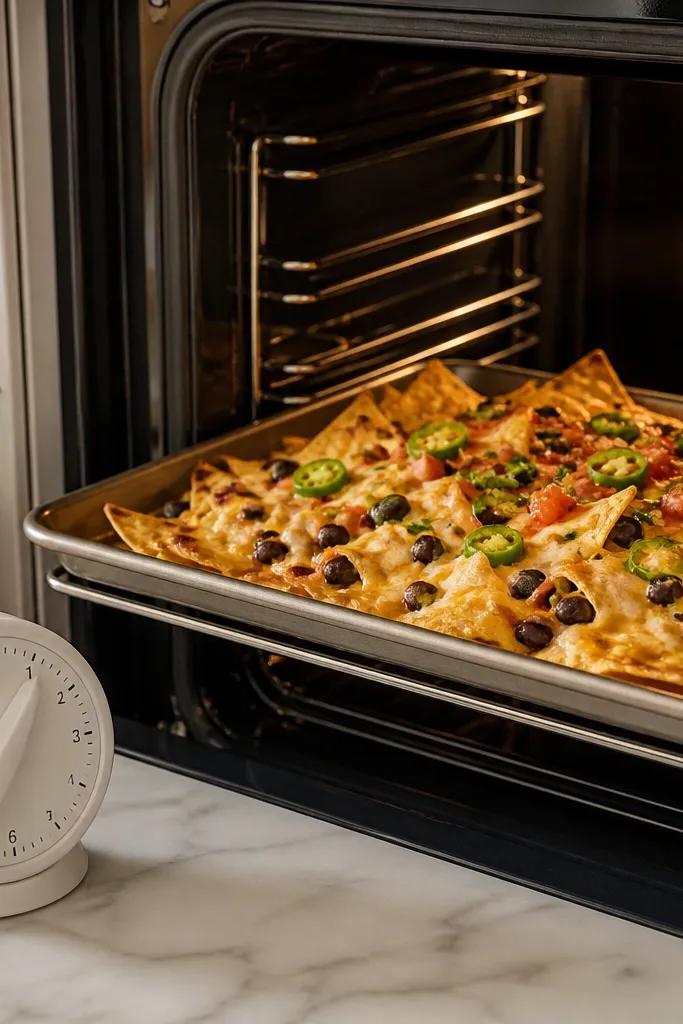 A timer set to 7 minutes next to a sheet pan of nachos in an oven; cheese is bubbling at the edges while chips still look crisp.