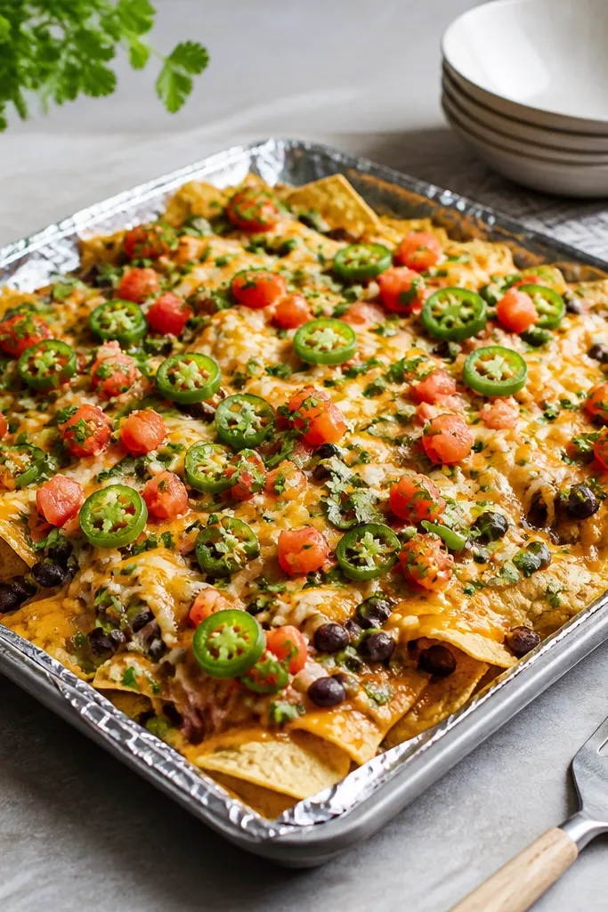 Aluminum foil laid under a sheet pan on a kitchen counter, with a spatula ready; the nachos are piled and ready for serving.