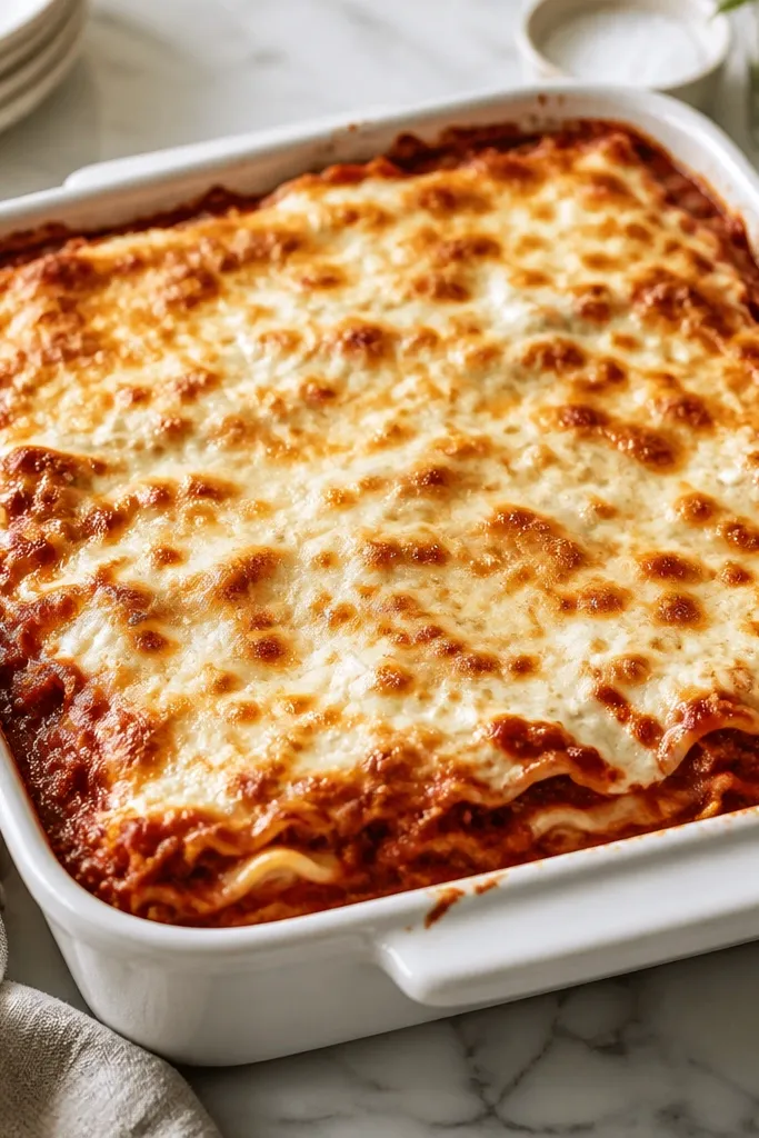 A 9x13 baking dish of lasagna with four visible layers: red sauce, pale ricotta dots, and melted white mozzarella. The top is browned with small golden spots, and the edges show sauce bubbling up around the perimeter.