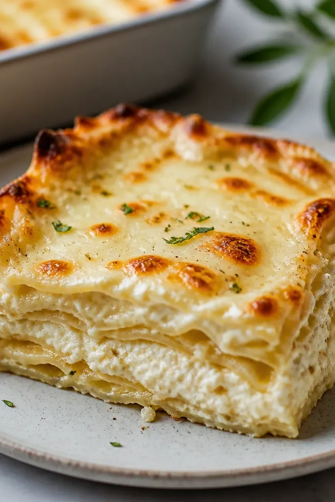 A pale, creamy lasagna with no visible red sauce. Layers show off-white ricotta swirls, melted mozzarella pools, and a lightly golden top with a few browned edges.