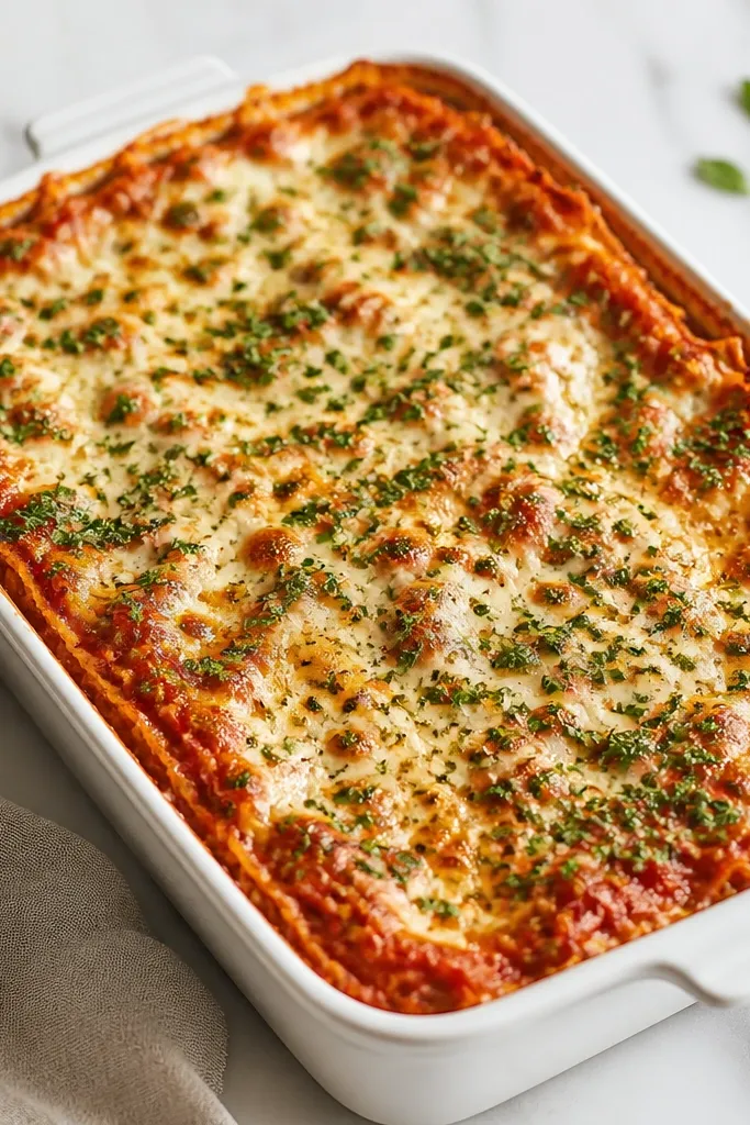 A lasagna with a red base but lots of flecks of green on top. The mozzarella is melted and slightly browned, and you can see chopped herbs sprinkled across the surface and around bubbles at the edges.