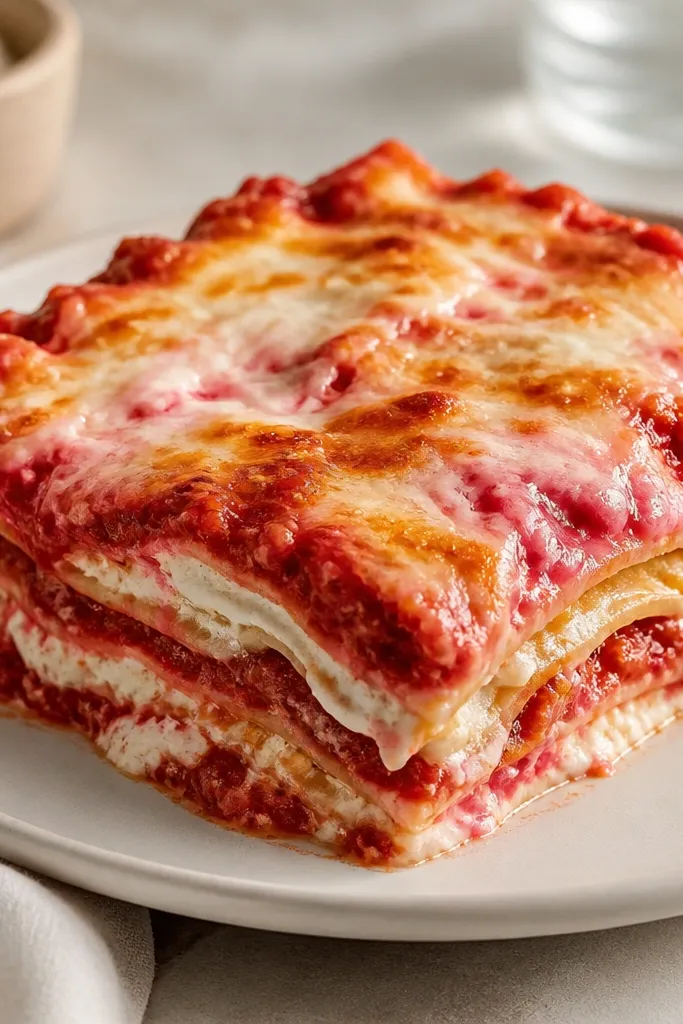 A red lasagna where the sauce has visible streaks of deeper red and pink swirls. The cheese layers look bright and creamy, and the top has a glossy melted sheen with light browning.