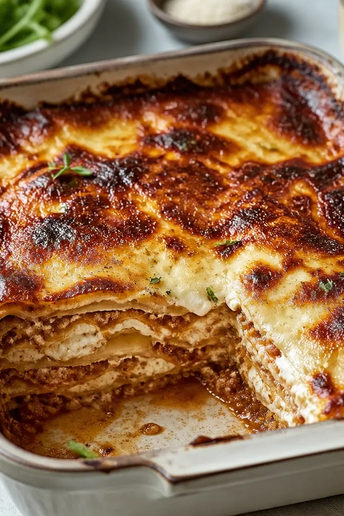 A lasagna with extra brown caramelized edges along the pan corners and a darker, crisp top. The center is still creamy with visible layer separation.