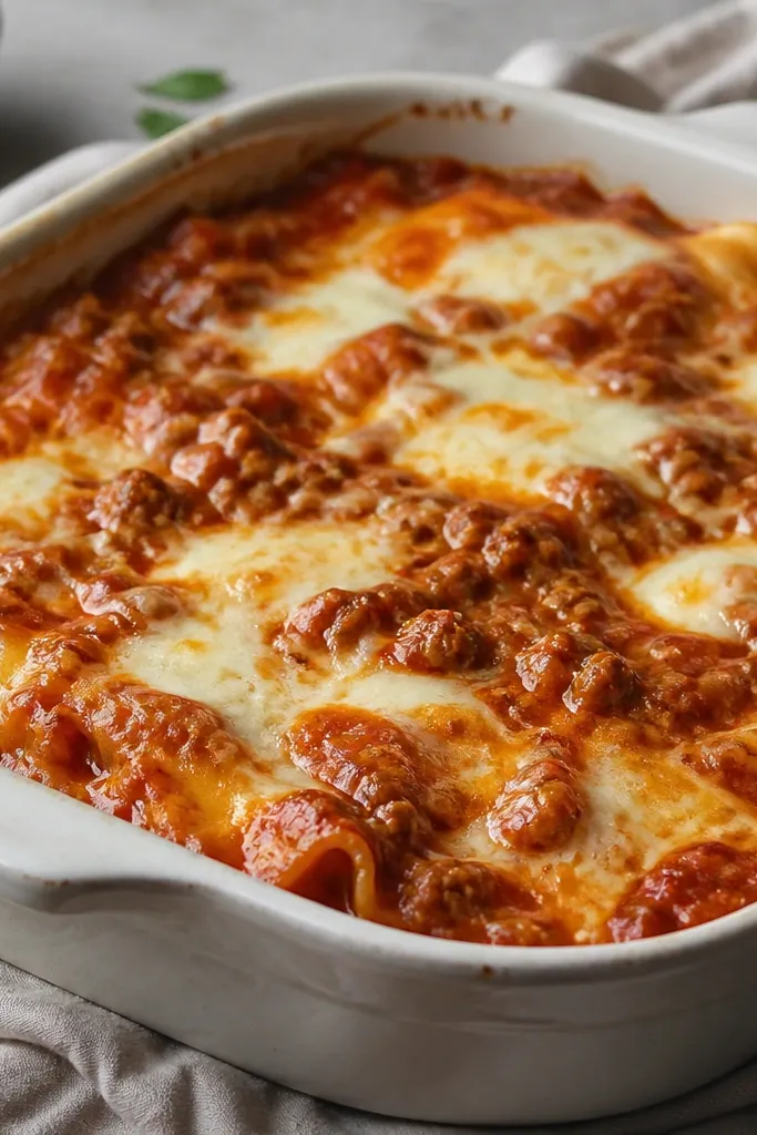 A lasagna that looks more like a saucy casserole with less defined layers. The sauce is thick and glossy, mozzarella is melted in pockets, and the top has light browning rather than a crisp crust.