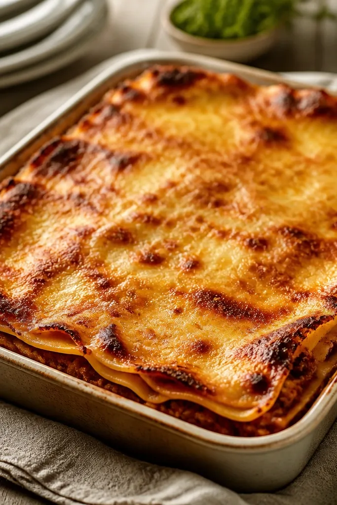 A lasagna with a golden top where the cheese looks slightly darker and more browned than normal. The cheese has a faint amber tone, and the edges are bubbly with a smoky-looking char.