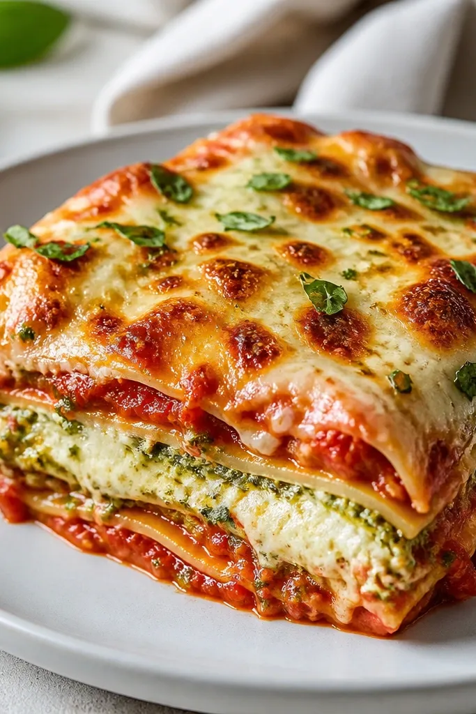 A red-and-green lasagna where green pesto streaks appear between cheese layers. You can see small basil leaf bits and a glossy melted top with browned mozzarella.