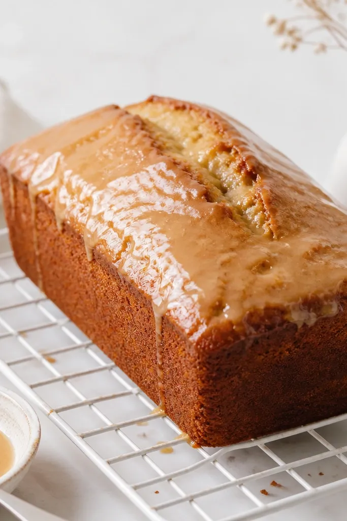 A golden-brown banana bread loaf on a white cooling rack, with a glossy thin glaze catching light along the top edge; oat milk glaze looks slightly amber, with small ripples from a spoon.