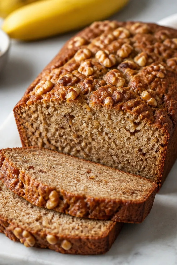 A sliced vegan banana bread loaf showing a moist crumb; on top of the full loaf there are visible walnut pieces pressed into the batter, with a toasted brown color.