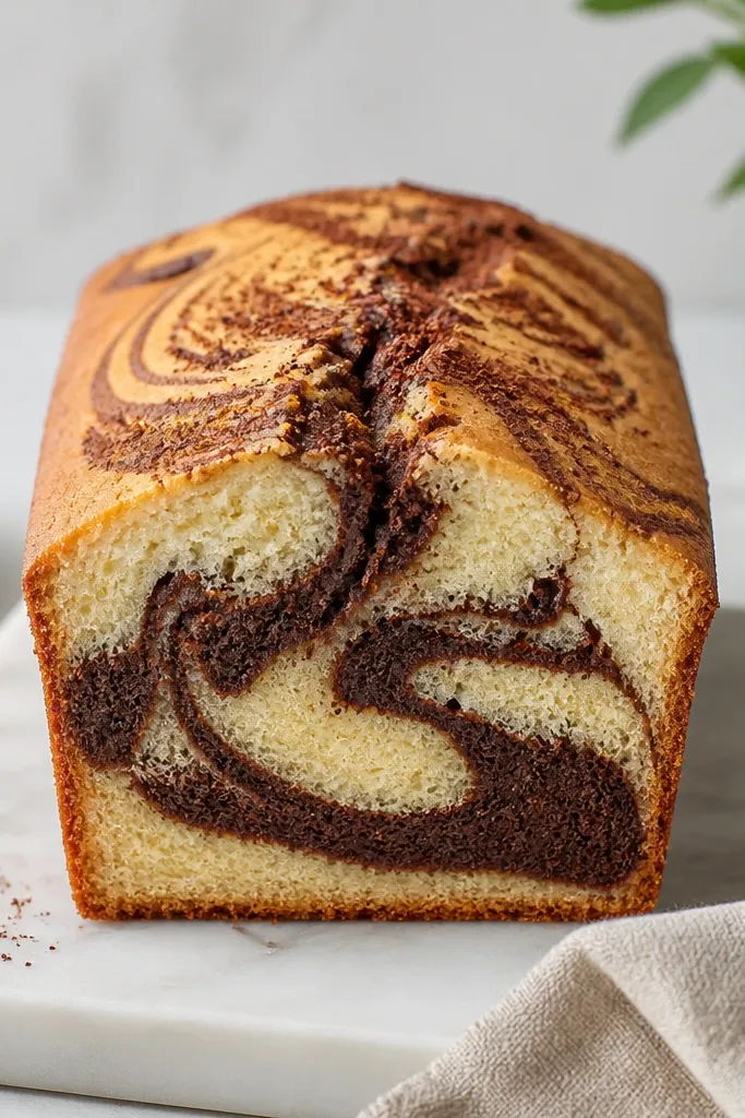A loaf with a marbled chocolate ribbon running through the center; the top shows a faint swirl pattern and a few cocoa specks near the surface.