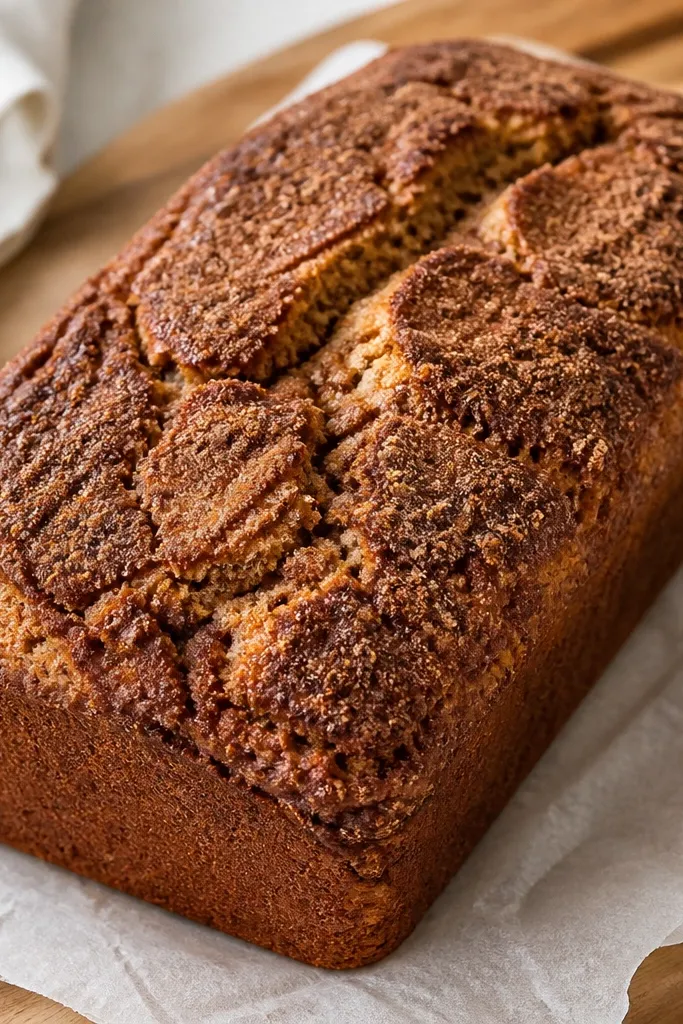 A loaf top with a thick cinnamon-sugar crust that has small crack lines; the color is deep tan with darker cinnamon clusters.