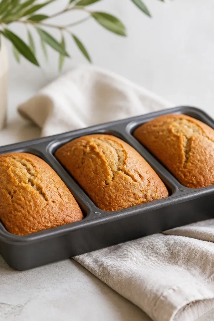 Three small loaves in a muffin-like mini loaf pan, each with a domed top; tops are evenly browned and slightly cracked.