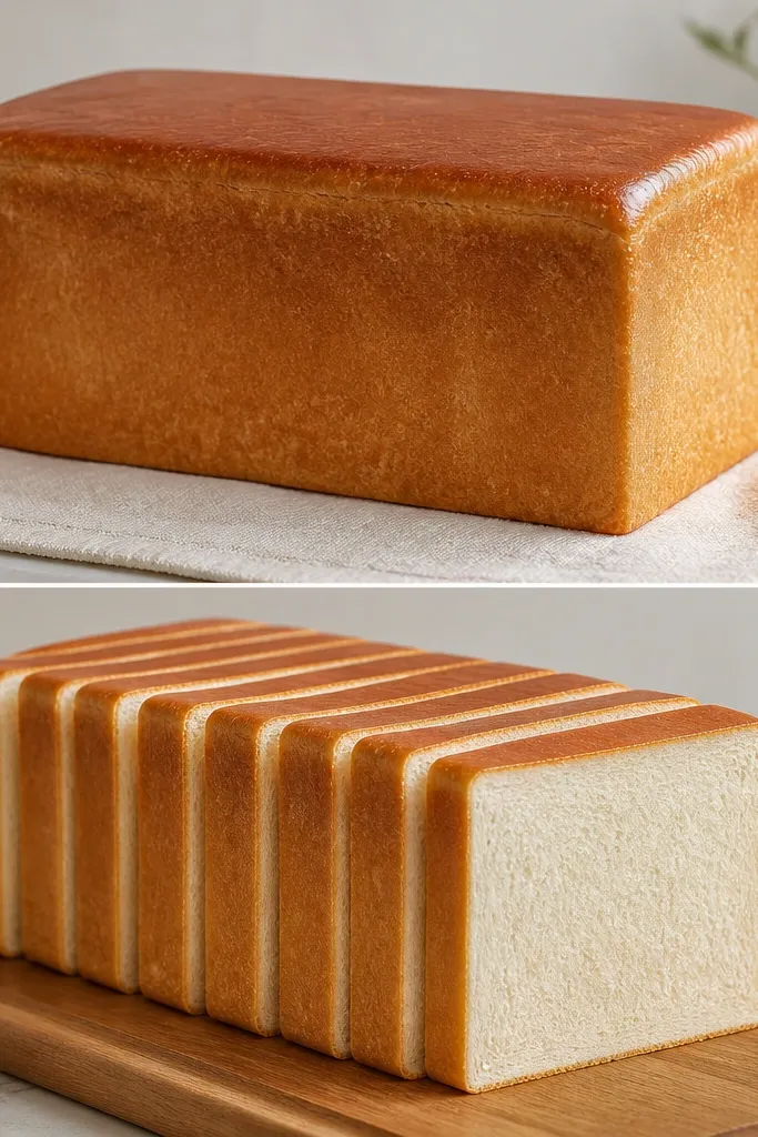A loaf shown whole and then sliced into perfect rectangles; the slices have a tight crumb and straight sides, with a glossy crust line.