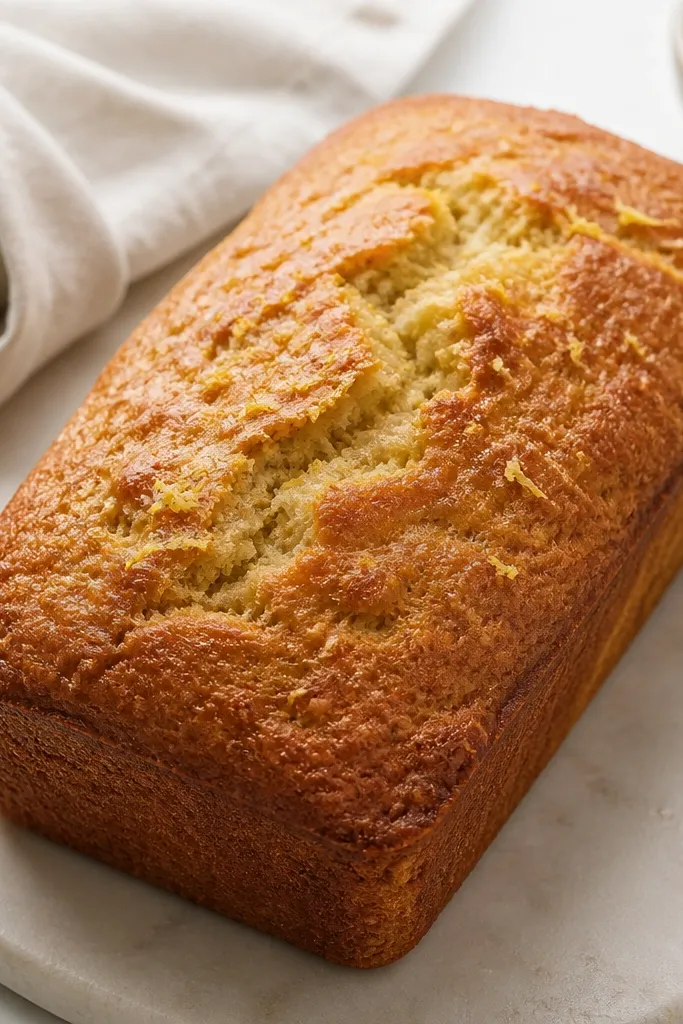 A golden banana bread loaf with tiny flecks of yellow zest across the top; the surface looks matte with a few glistening spots from moisture.