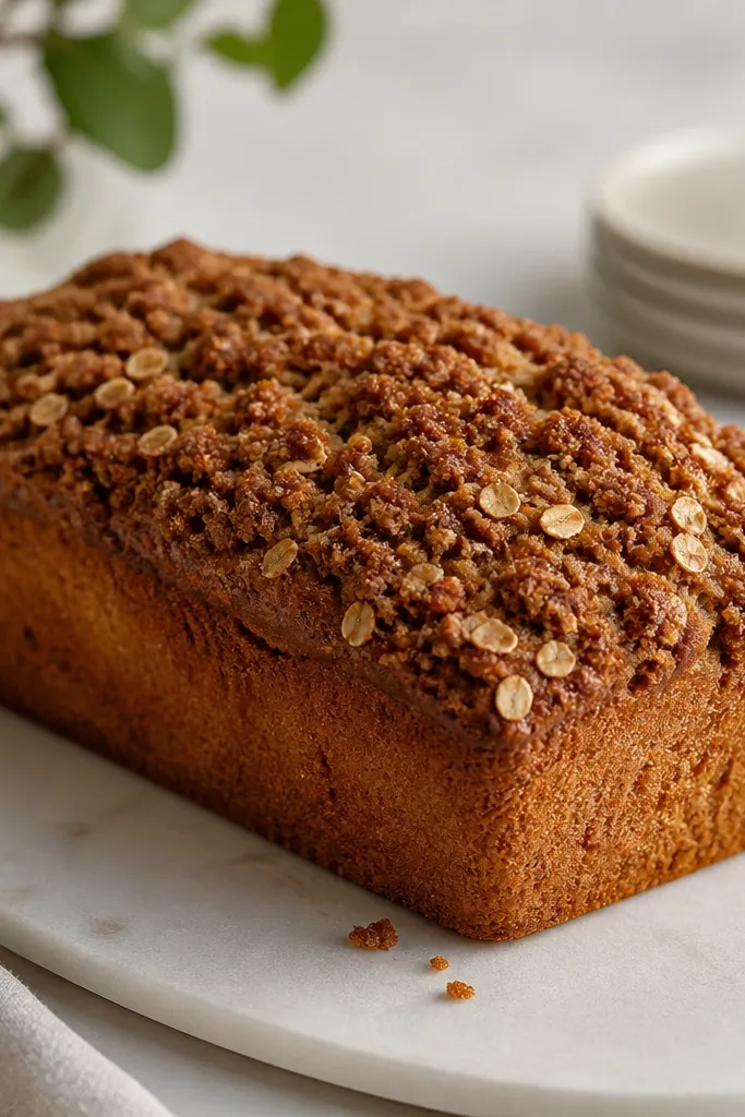 A loaf with a crumbly streusel layer on top; the streusel is darker brown with small clumps and a few lighter oat flakes.